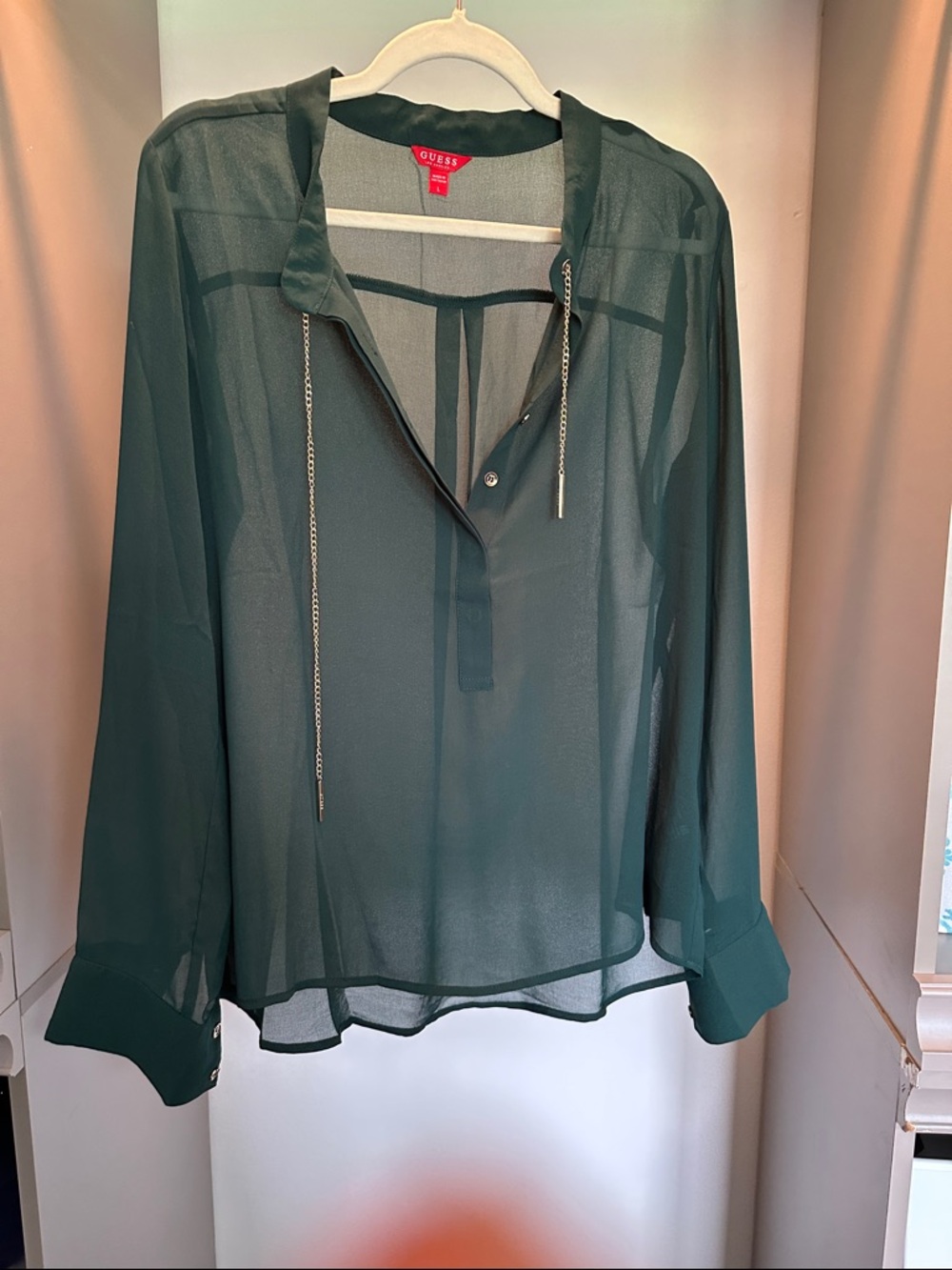GUESS Sheer Dark Green Long-Sleeve Blouse with gold Chain Ties
